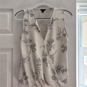 Ann Taylor Ivory and Gray Floral Faux-Wrap Blouse